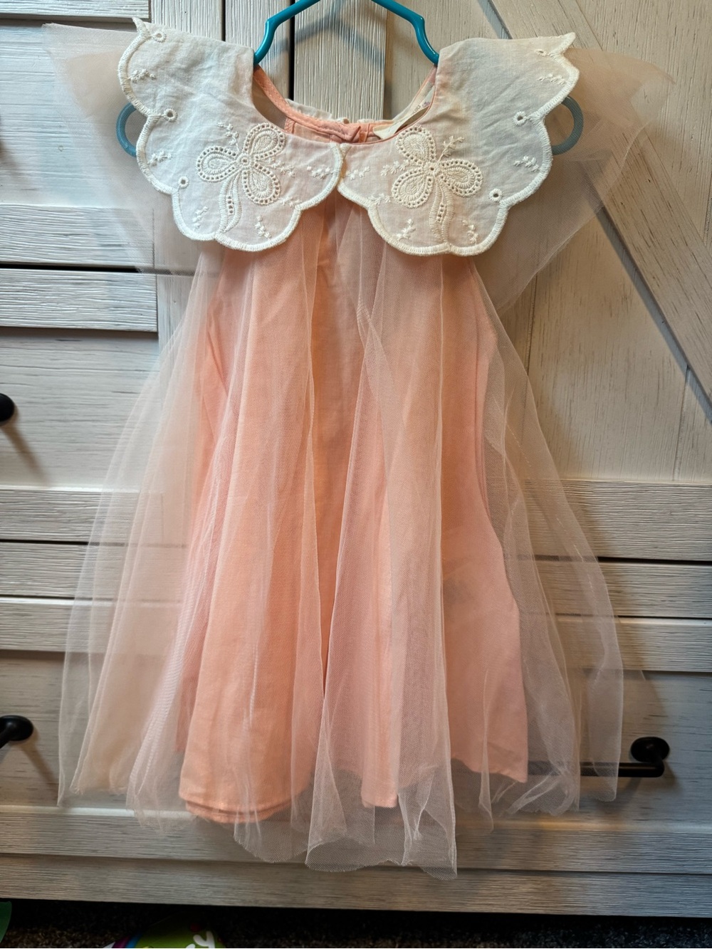 European Girls Peach Tulle Dress with Embroidered White Peter Pan Collar 12-18M
